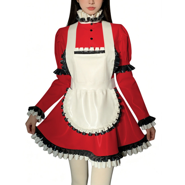 Halloween Role Play Sweet Maid Uniform Shiny PVC High Ruffled Collar Lolita Dress with Apron Crossdresser Cosplay Maid Outfits