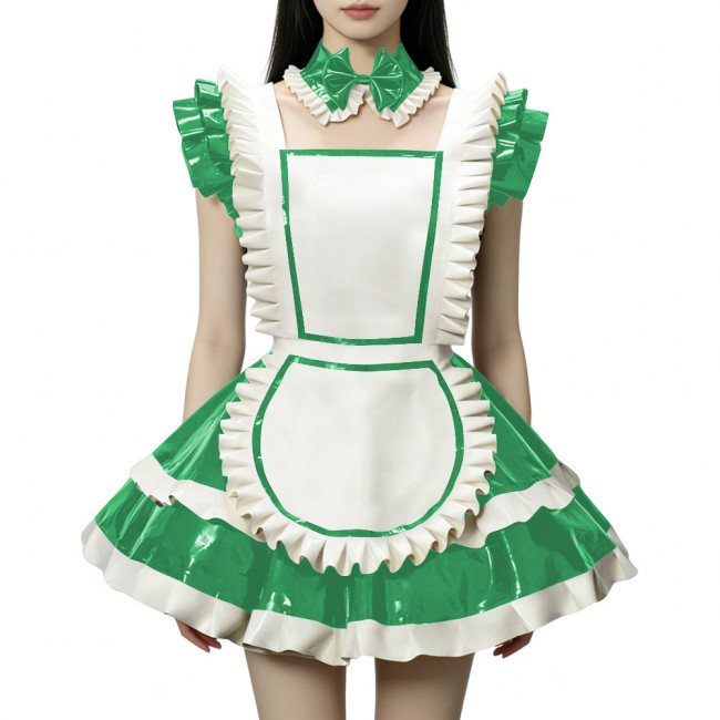 Fetish Cross-dresser Lolita Maid Uniforms Wetlook PVC Leather Party Sleeveless Pleated Maid Dress with Apron Halloween Cosplay