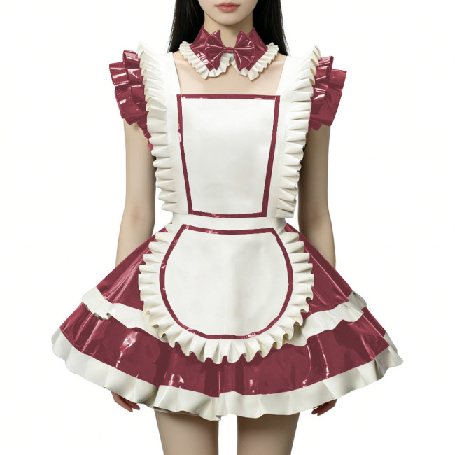 Fetish Cross-dresser Lolita Maid Uniforms Wetlook PVC Leather Party Sleeveless Pleated Maid Dress with Apron Halloween Cosplay