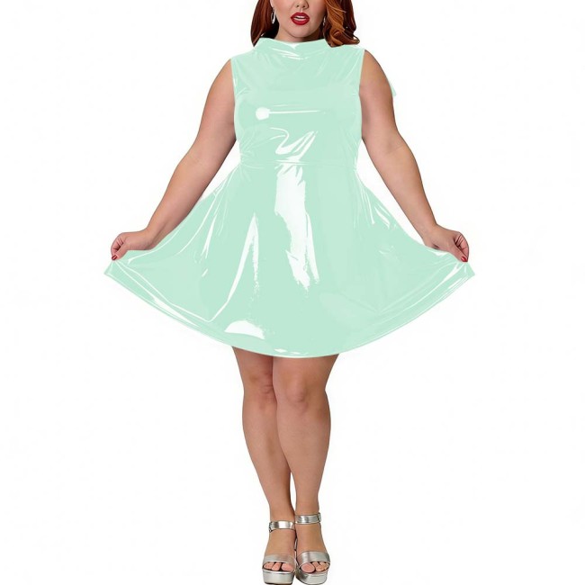 Plus Size Party PVC Shiny Fashion Mini Dress Wetlook Sleeveless Sexy A-Line Dress with Back Bow Womens Tank Vestidos Clubwear