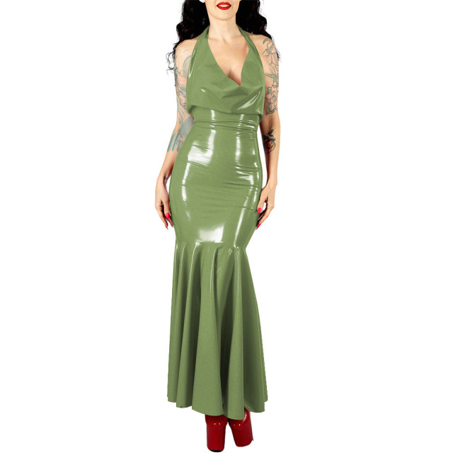 Women's Sexy PVC V-neck Mermaid Party Dress Vinyl Backless Halter Fetish Maxi Dress Glossy Wetlook Flared Hem Hip-hugging Dress