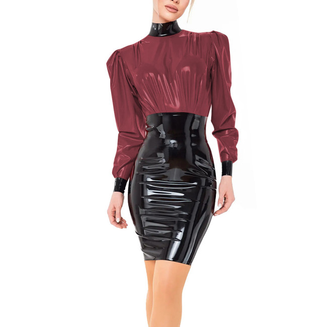 PVC Vinyl Leather Long Sleeve Elegant Mini Dress Ladies Fashion Patchwork Sheath Short Dress High Neck Vestidos Womens Clubwear