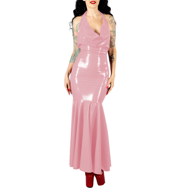 Women's Sexy PVC V-neck Mermaid Party Dress Vinyl Backless Halter Fetish Maxi Dress Glossy Wetlook Flared Hem Hip-hugging Dress