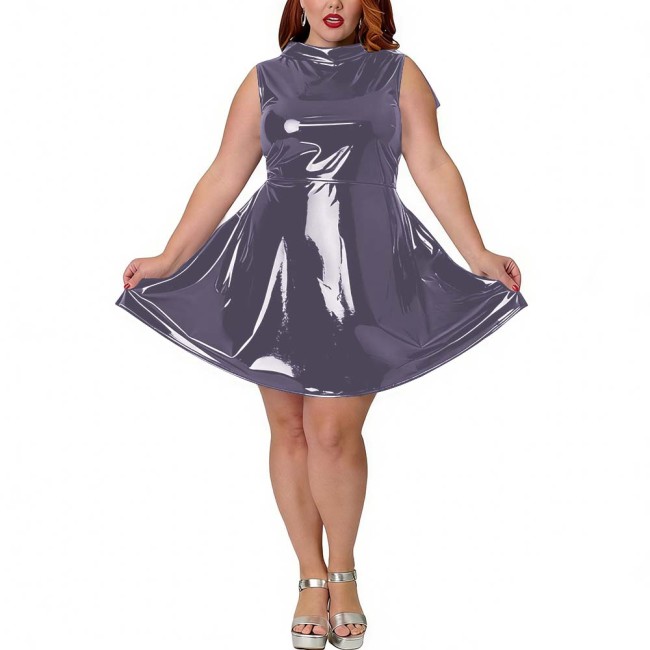 Plus Size Party PVC Shiny Fashion Mini Dress Wetlook Sleeveless Sexy A-Line Dress with Back Bow Womens Tank Vestidos Clubwear