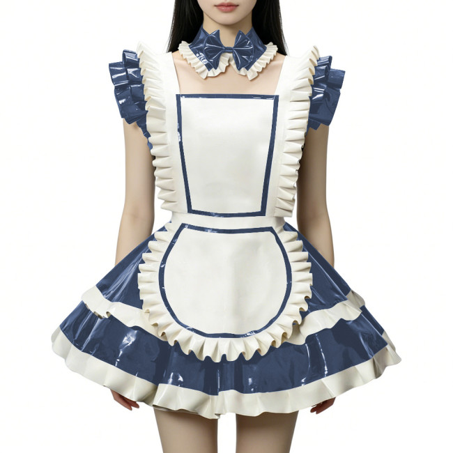 Fetish Cross-dresser Lolita Maid Uniforms Wetlook PVC Leather Party Sleeveless Pleated Maid Dress with Apron Halloween Cosplay