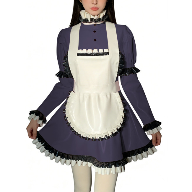 Halloween Role Play Sweet Maid Uniform Shiny PVC High Ruffled Collar Lolita Dress with Apron Crossdresser Cosplay Maid Outfits