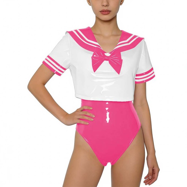 Women PVC Leather Two-piece Set Wetlook Sailor Collar Bow Crop Top with Bodysuit Sissy Party Cosplay Costume Glossy Anime Fans