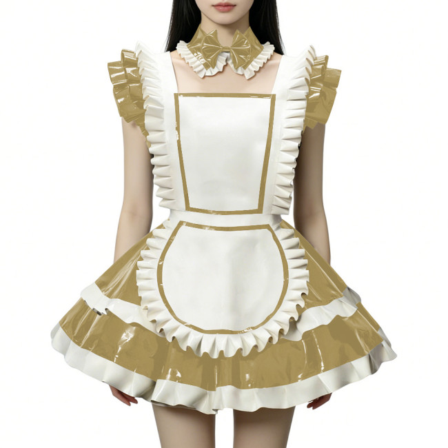 Fetish Cross-dresser Lolita Maid Uniforms Wetlook PVC Leather Party Sleeveless Pleated Maid Dress with Apron Halloween Cosplay