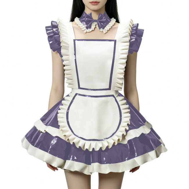 Fetish Cross-dresser Lolita Maid Uniforms Wetlook PVC Leather Party Sleeveless Pleated Maid Dress with Apron Halloween Cosplay