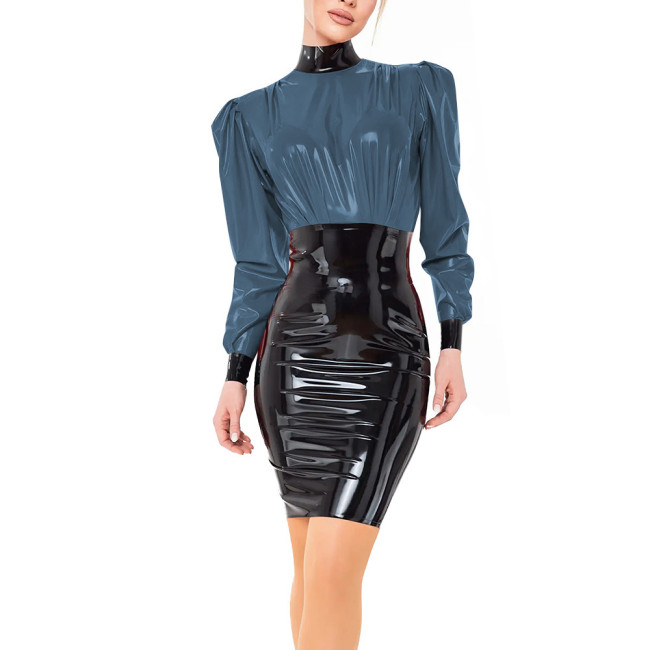 PVC Vinyl Leather Long Sleeve Elegant Mini Dress Ladies Fashion Patchwork Sheath Short Dress High Neck Vestidos Womens Clubwear