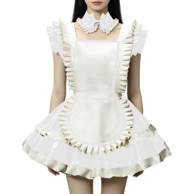 Fetish Cross-dresser Lolita Maid Uniforms Wetlook PVC Leather Party Sleeveless Pleated Maid Dress with Apron Halloween Cosplay