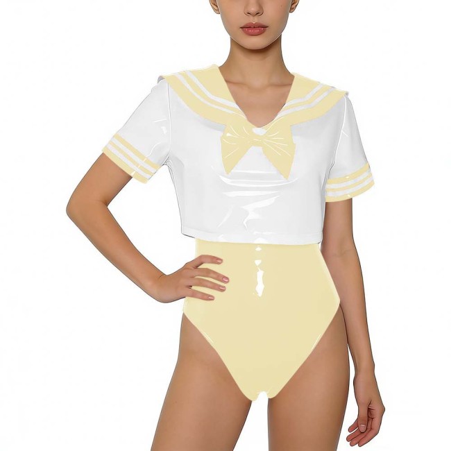 Women PVC Leather Two-piece Set Wetlook Sailor Collar Bow Crop Top with Bodysuit Sissy Party Cosplay Costume Glossy Anime Fans