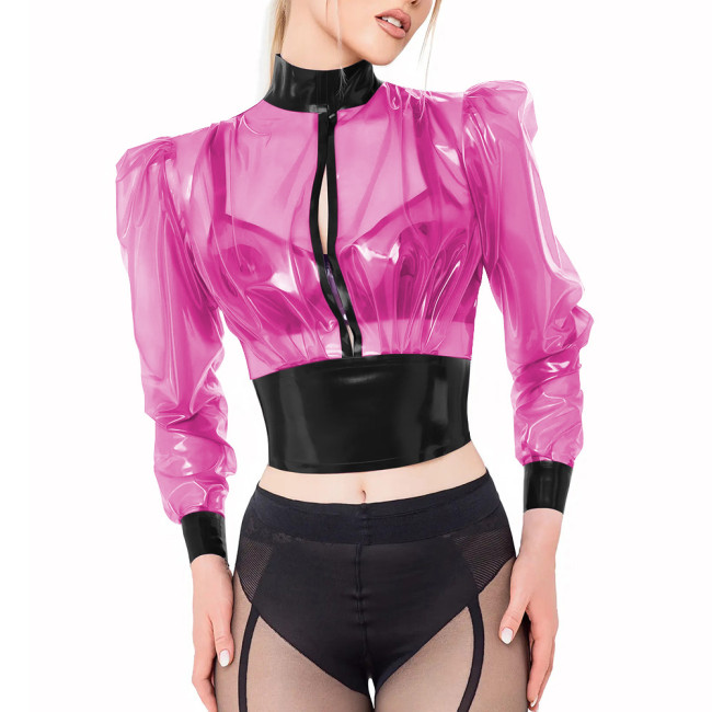 Transparent PVC Crop Tops Wetlook Fetish Plastic Long Sleeves Fetish Tops High Neck Nightclub See-Through Blouses Party Outfits