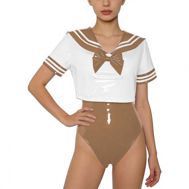 Women PVC Leather Two-piece Set Wetlook Sailor Collar Bow Crop Top with Bodysuit Sissy Party Cosplay Costume Glossy Anime Fans