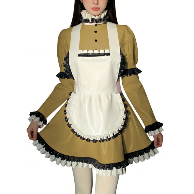 Halloween Role Play Sweet Maid Uniform Shiny PVC High Ruffled Collar Lolita Dress with Apron Crossdresser Cosplay Maid Outfits