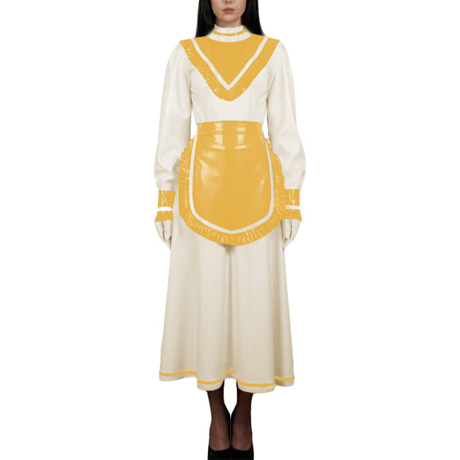 Women's High Neck Sweet Maid Dress Glossy PVC Leather Crossdresser Cosplay Maid Uniform Fetish French Apron Sissy Party Dress