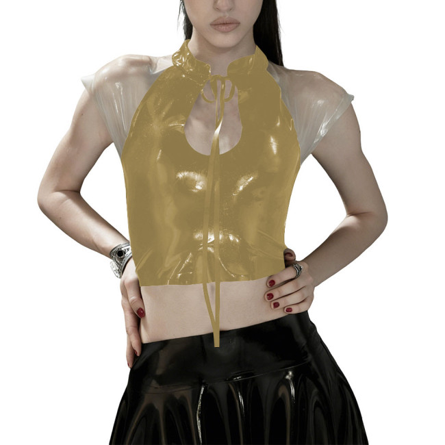 Glossy PVC Leather Gothic Crop Top Transparent Sheer Party Tie-Up Short Tee Fetish Clubwear Women Sexy Zipper Back Bodycon Top