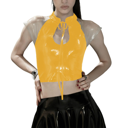Glossy PVC Leather Gothic Crop Top Transparent Sheer Party Tie-Up Short Tee Fetish Clubwear Women Sexy Zipper Back Bodycon Top