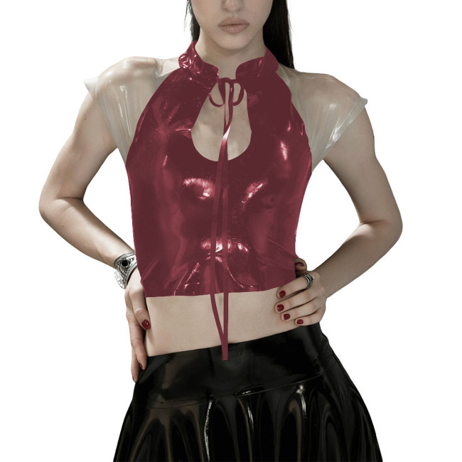 Glossy PVC Leather Gothic Crop Top Transparent Sheer Party Tie-Up Short Tee Fetish Clubwear Women Sexy Zipper Back Bodycon Top
