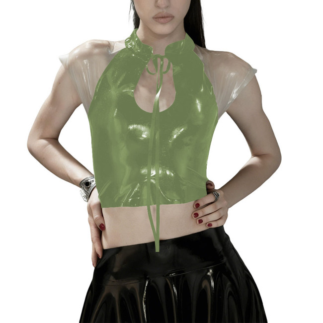 Glossy PVC Leather Gothic Crop Top Transparent Sheer Party Tie-Up Short Tee Fetish Clubwear Women Sexy Zipper Back Bodycon Top