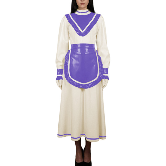 Women's High Neck Sweet Maid Dress Glossy PVC Leather Crossdresser Cosplay Maid Uniform Fetish French Apron Sissy Party Dress