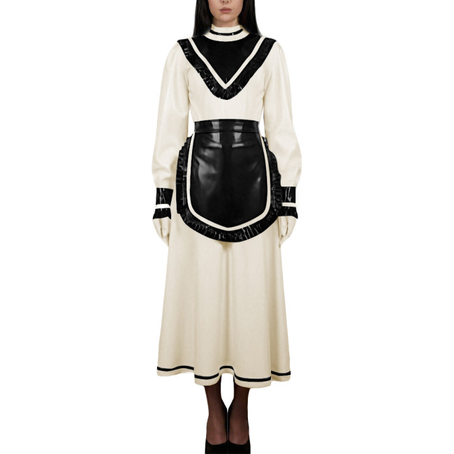 Women's High Neck Sweet Maid Dress Glossy PVC Leather Crossdresser Cosplay Maid Uniform Fetish French Apron Sissy Party Dress
