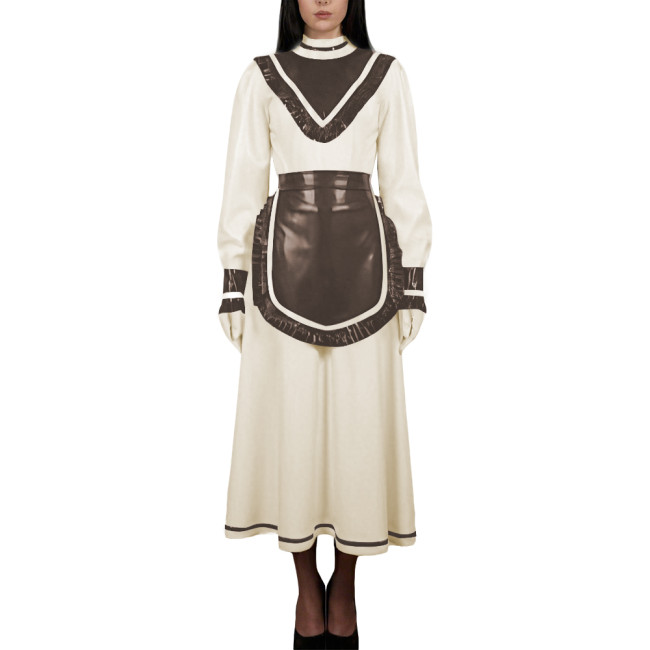 Women's High Neck Sweet Maid Dress Glossy PVC Leather Crossdresser Cosplay Maid Uniform Fetish French Apron Sissy Party Dress