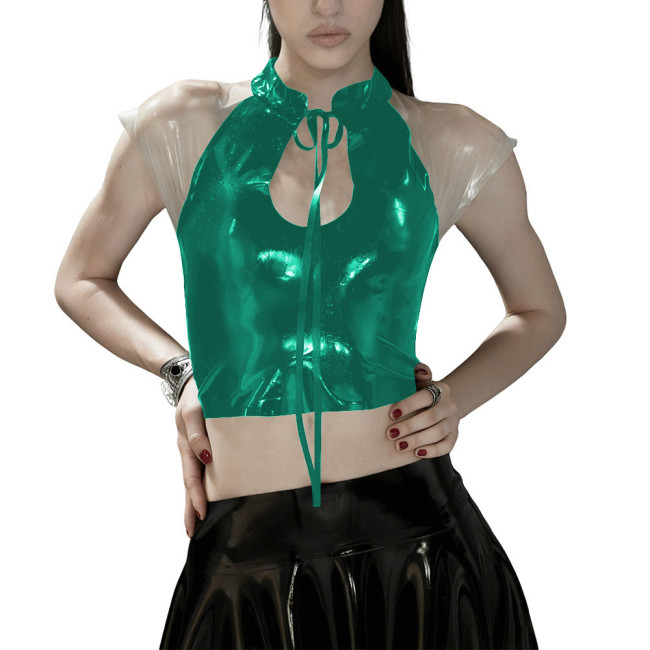 Glossy PVC Leather Gothic Crop Top Transparent Sheer Party Tie-Up Short Tee Fetish Clubwear Women Sexy Zipper Back Bodycon Top
