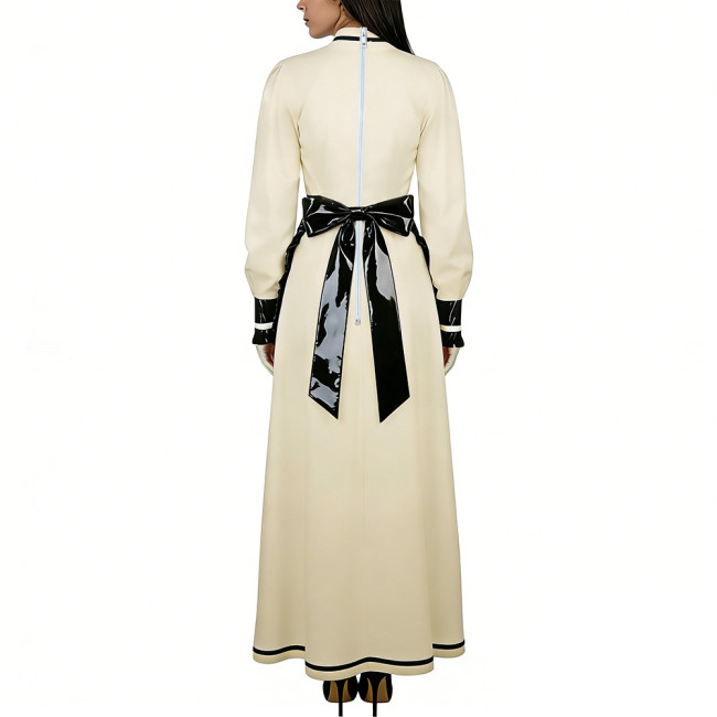 Women's High Neck Sweet Maid Dress Glossy PVC Leather Crossdresser Cosplay Maid Uniform Fetish French Apron Sissy Party Dress