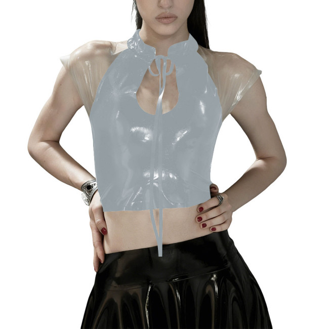 Glossy PVC Leather Gothic Crop Top Transparent Sheer Party Tie-Up Short Tee Fetish Clubwear Women Sexy Zipper Back Bodycon Top