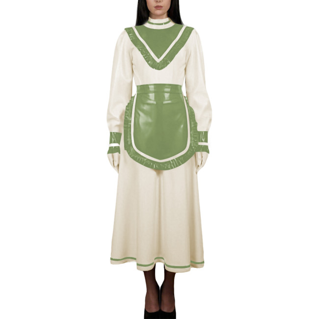 Women's High Neck Sweet Maid Dress Glossy PVC Leather Crossdresser Cosplay Maid Uniform Fetish French Apron Sissy Party Dress