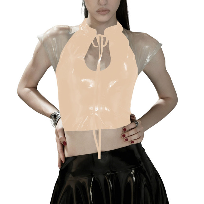 Glossy PVC Leather Gothic Crop Top Transparent Sheer Party Tie-Up Short Tee Fetish Clubwear Women Sexy Zipper Back Bodycon Top