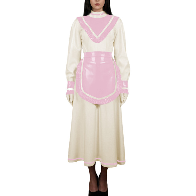 Women's High Neck Sweet Maid Dress Glossy PVC Leather Crossdresser Cosplay Maid Uniform Fetish French Apron Sissy Party Dress