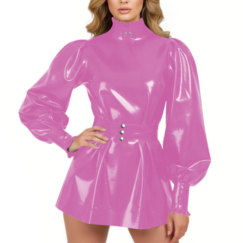 Glossy PVC Leather High Neck Sexy A-line Mini Dress Puff Ruffle Trim Gothic Party Belted Short Dress Wetlook Fetish Ladies DressProm Gown