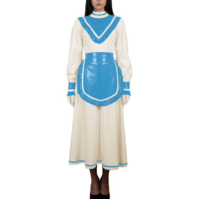 Women's High Neck Sweet Maid Dress Glossy PVC Leather Crossdresser Cosplay Maid Uniform Fetish French Apron Sissy Party Dress
