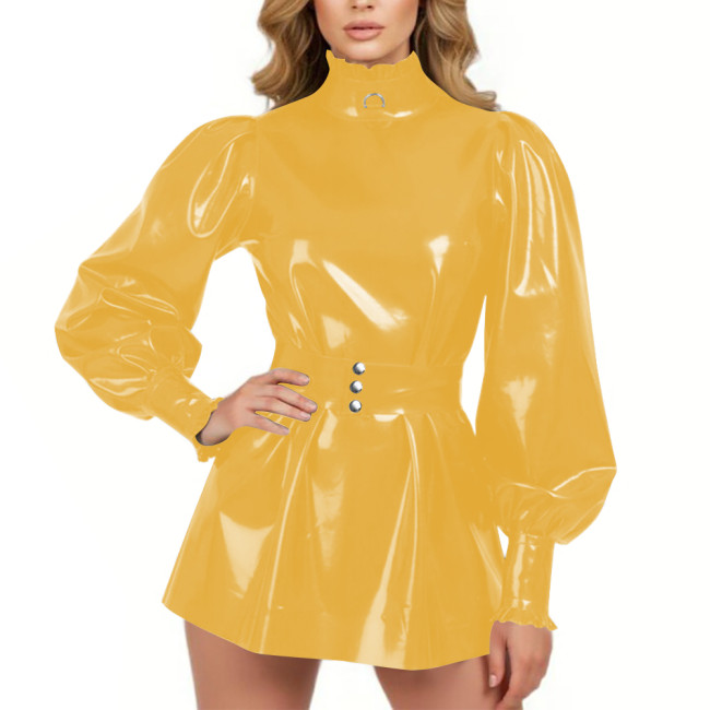 Glossy PVC Leather High Neck Sexy A-line Mini Dress Puff Ruffle Trim Gothic Party Belted Short Dress Wetlook Fetish Ladies DressProm Gown