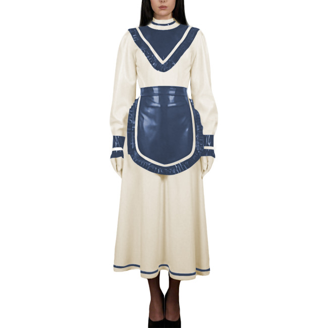Women's High Neck Sweet Maid Dress Glossy PVC Leather Crossdresser Cosplay Maid Uniform Fetish French Apron Sissy Party Dress