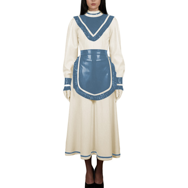 Women's High Neck Sweet Maid Dress Glossy PVC Leather Crossdresser Cosplay Maid Uniform Fetish French Apron Sissy Party Dress