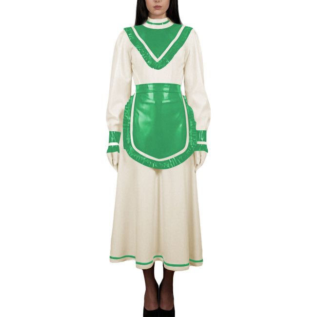 Women's High Neck Sweet Maid Dress Glossy PVC Leather Crossdresser Cosplay Maid Uniform Fetish French Apron Sissy Party Dress