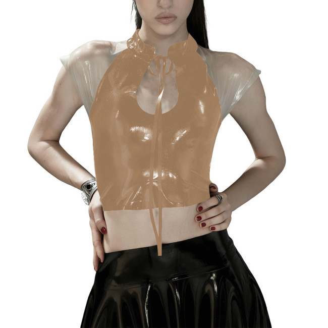 Glossy PVC Leather Gothic Crop Top Transparent Sheer Party Tie-Up Short Tee Fetish Clubwear Women Sexy Zipper Back Bodycon Top