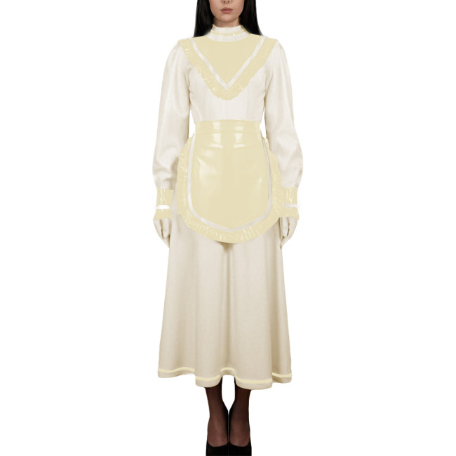 Women's High Neck Sweet Maid Dress Glossy PVC Leather Crossdresser Cosplay Maid Uniform Fetish French Apron Sissy Party Dress