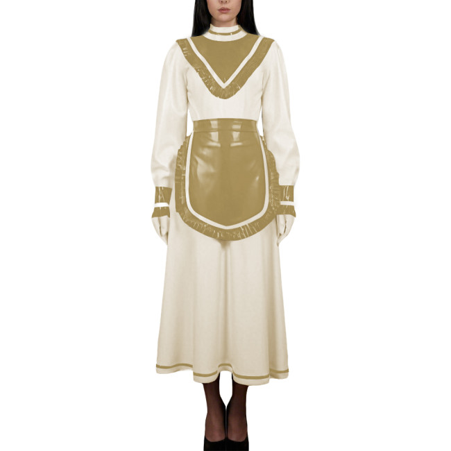 Women's High Neck Sweet Maid Dress Glossy PVC Leather Crossdresser Cosplay Maid Uniform Fetish French Apron Sissy Party Dress