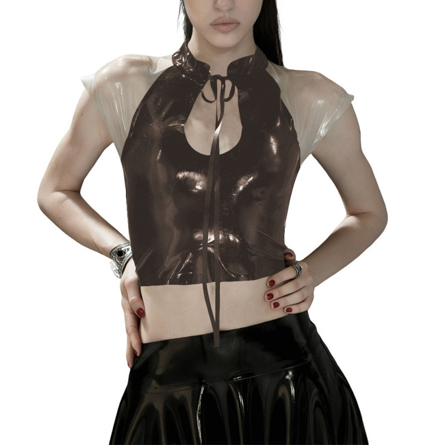 Glossy PVC Leather Gothic Crop Top Transparent Sheer Party Tie-Up Short Tee Fetish Clubwear Women Sexy Zipper Back Bodycon Top
