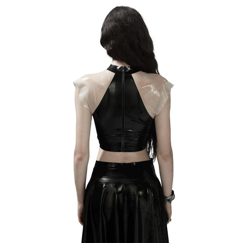 Glossy PVC Leather Gothic Crop Top Transparent Sheer Party Tie-Up Short Tee Fetish Clubwear Women Sexy Zipper Back Bodycon Top