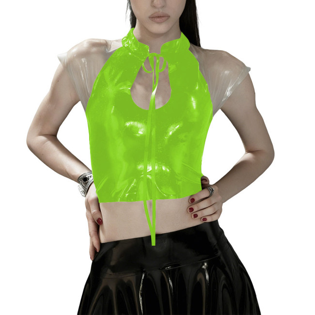 Glossy PVC Leather Gothic Crop Top Transparent Sheer Party Tie-Up Short Tee Fetish Clubwear Women Sexy Zipper Back Bodycon Top