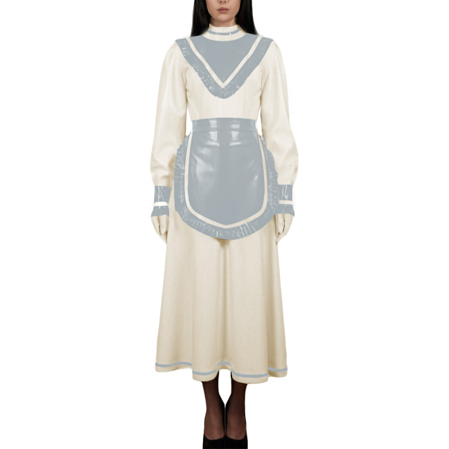 Women's High Neck Sweet Maid Dress Glossy PVC Leather Crossdresser Cosplay Maid Uniform Fetish French Apron Sissy Party Dress