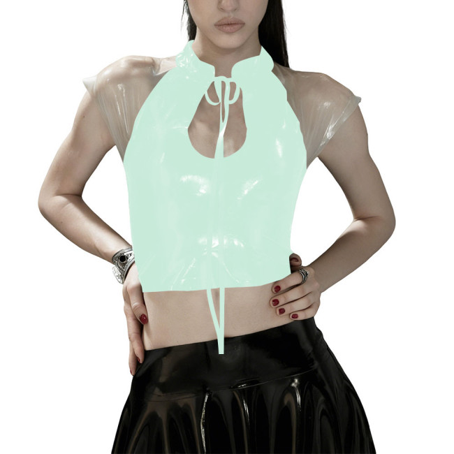 Glossy PVC Leather Gothic Crop Top Transparent Sheer Party Tie-Up Short Tee Fetish Clubwear Women Sexy Zipper Back Bodycon Top
