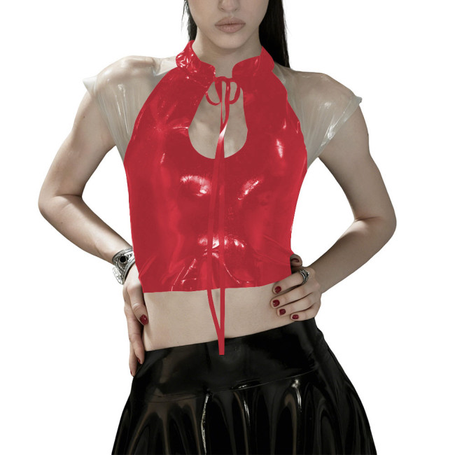 Glossy PVC Leather Gothic Crop Top Transparent Sheer Party Tie-Up Short Tee Fetish Clubwear Women Sexy Zipper Back Bodycon Top