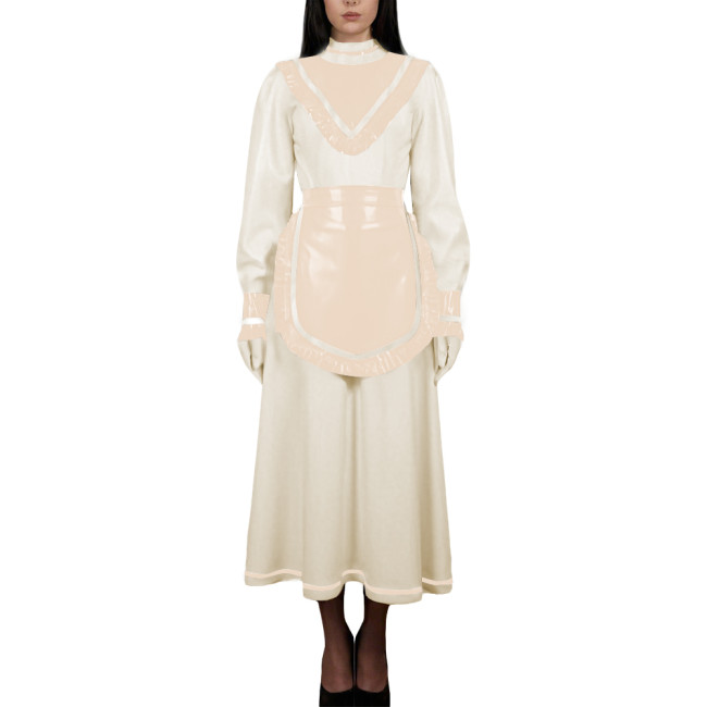 Women's High Neck Sweet Maid Dress Glossy PVC Leather Crossdresser Cosplay Maid Uniform Fetish French Apron Sissy Party Dress