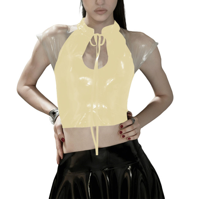 Glossy PVC Leather Gothic Crop Top Transparent Sheer Party Tie-Up Short Tee Fetish Clubwear Women Sexy Zipper Back Bodycon Top